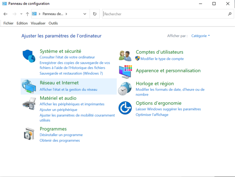 Paramètres réseau et Internet mis en évidence dans le panneau de configuration